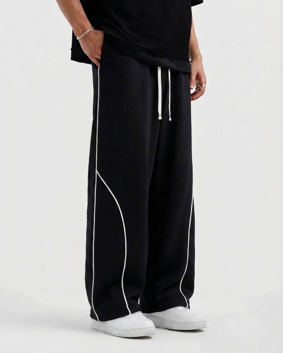 Piping Cotton Fleece Baggy Black Trouser