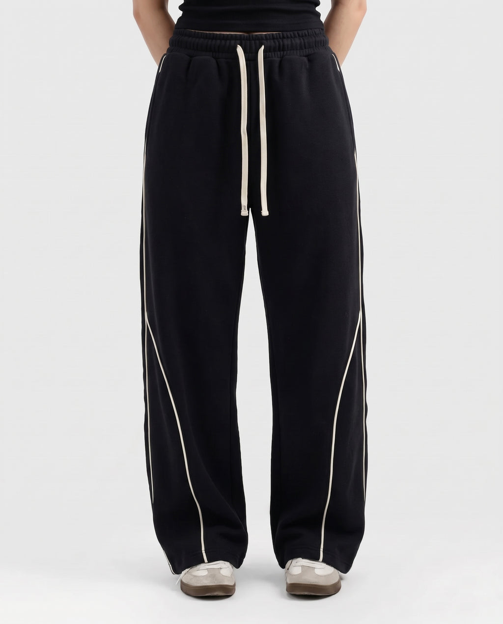 Piping Cotton Fleece Baggy Black Trouser