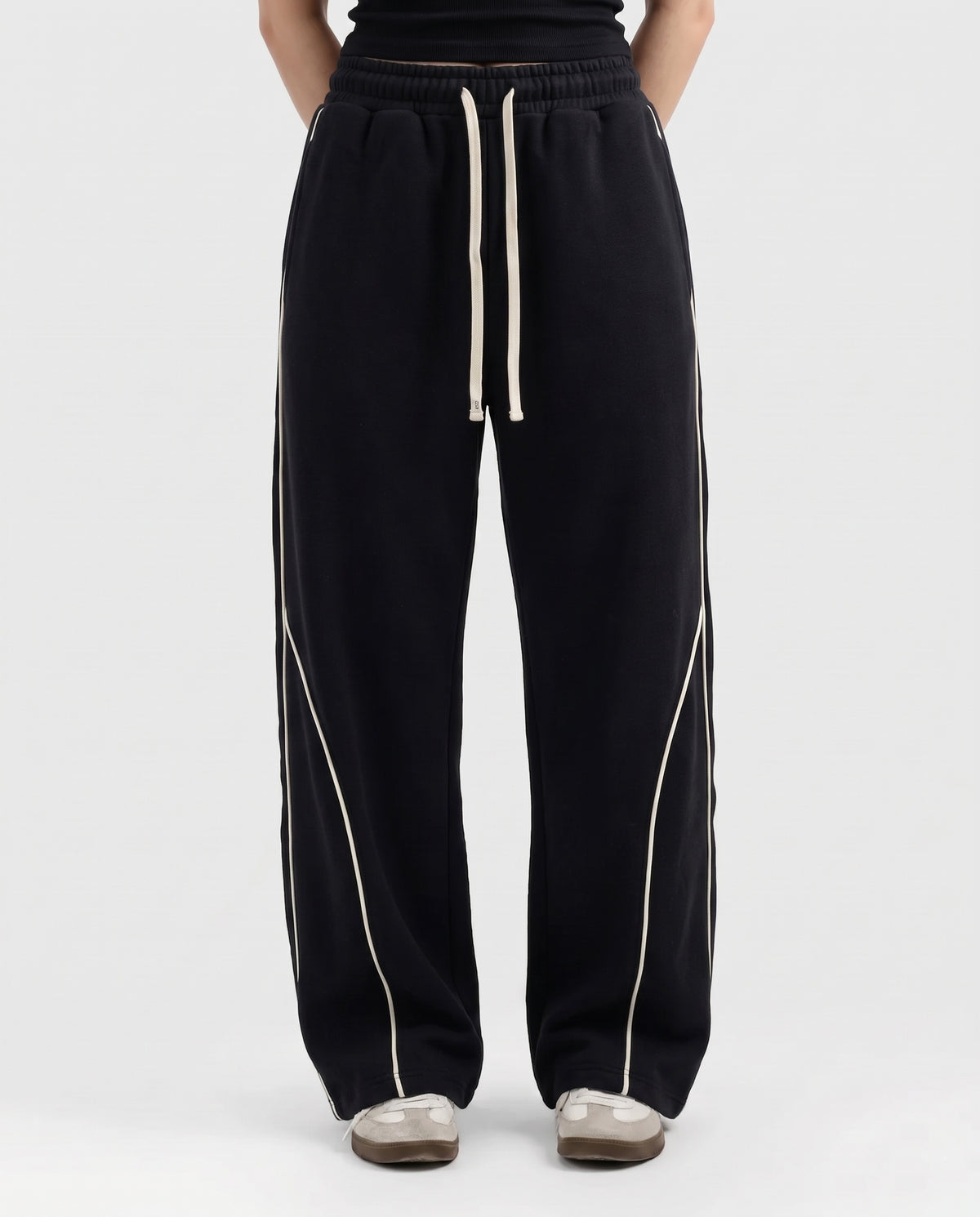 Piping Cotton Fleece Baggy Black Trouser