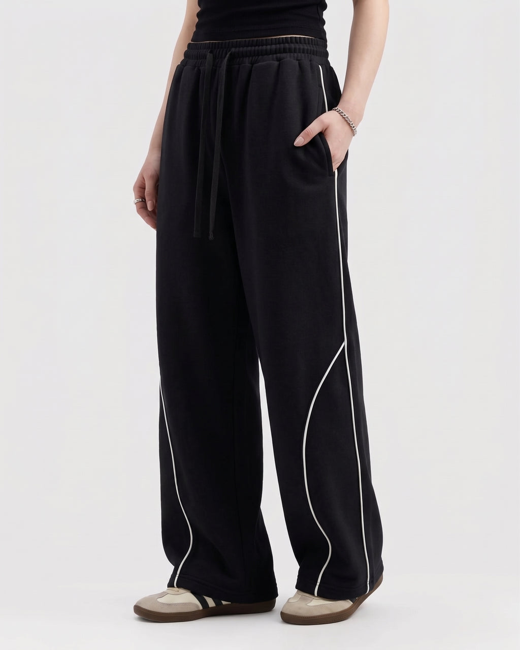 Piping Cotton Fleece Baggy Black Trouser