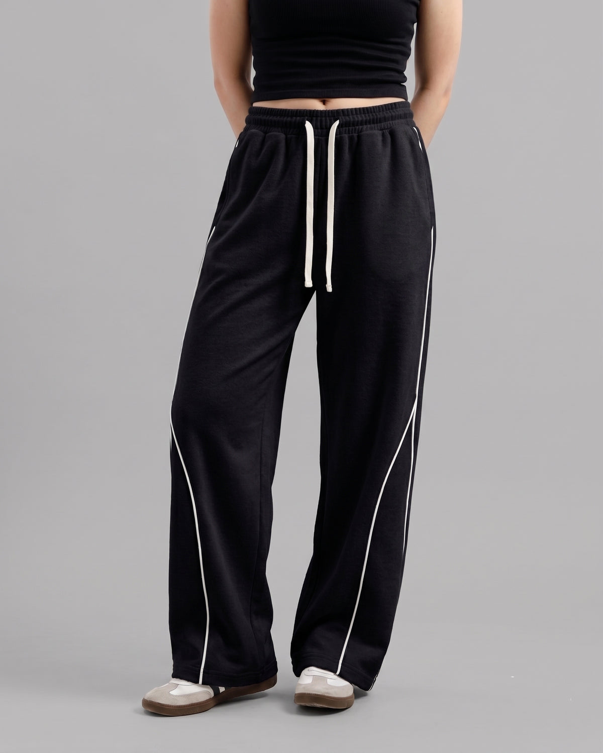 Piping Cotton Fleece Baggy Black Trouser