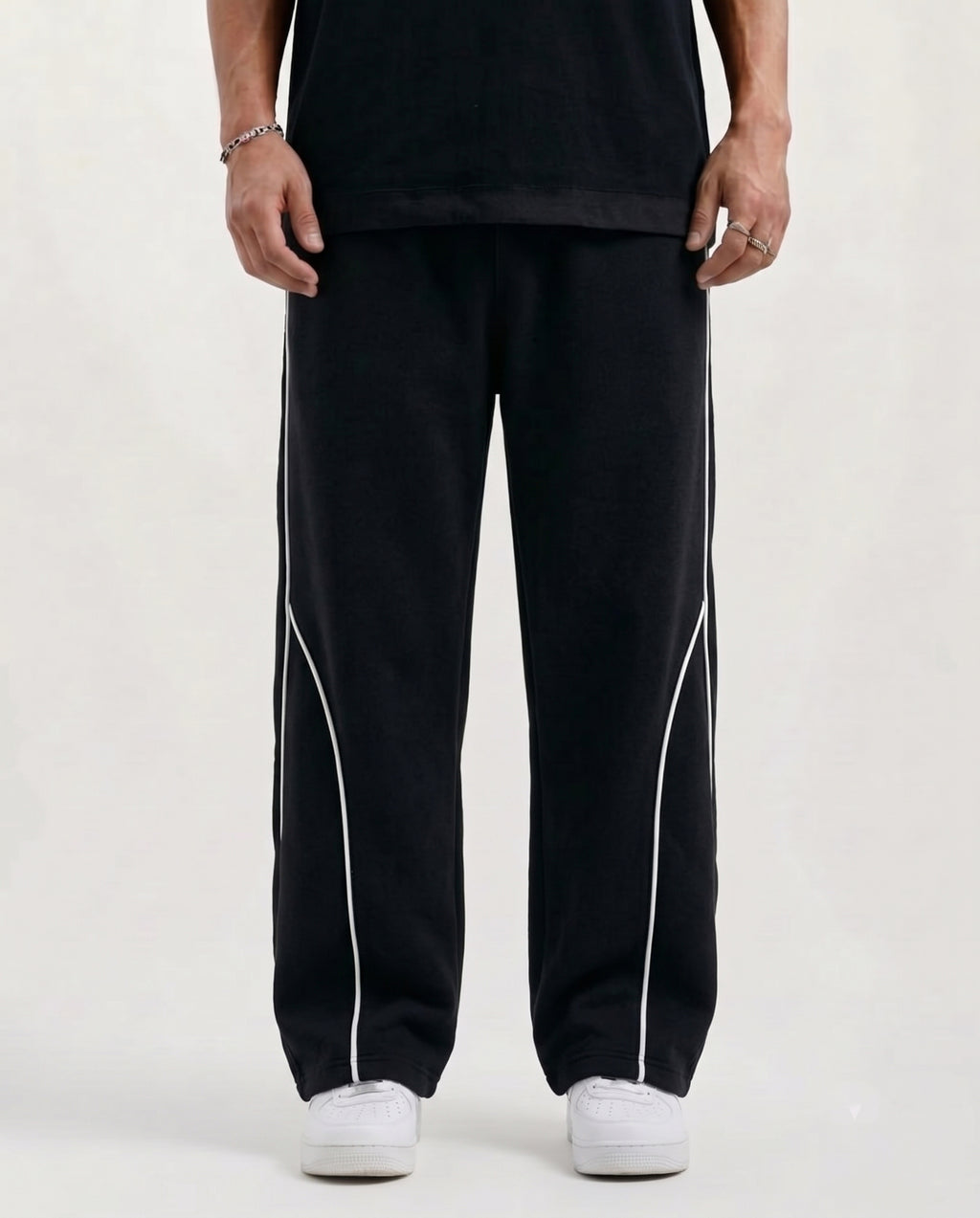 Piping Cotton Fleece Baggy Black Trouser