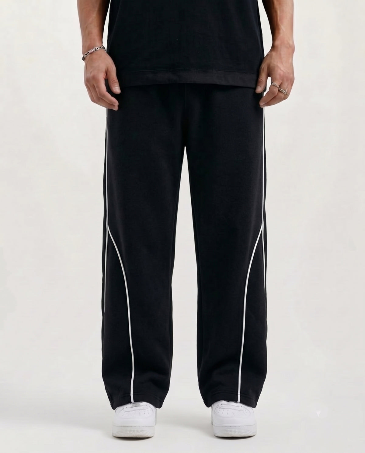 Piping Cotton Fleece Baggy Black Trouser