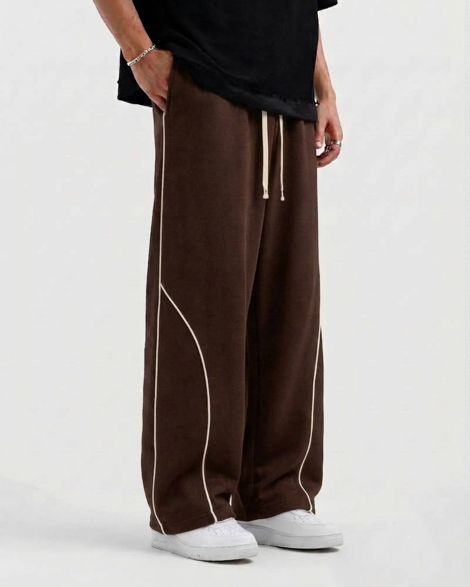 Piping Cotton Fleece Baggy Dark Brown Trouser