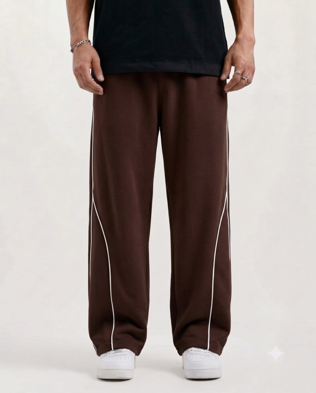 Piping Cotton Fleece Baggy Dark Brown Trouser