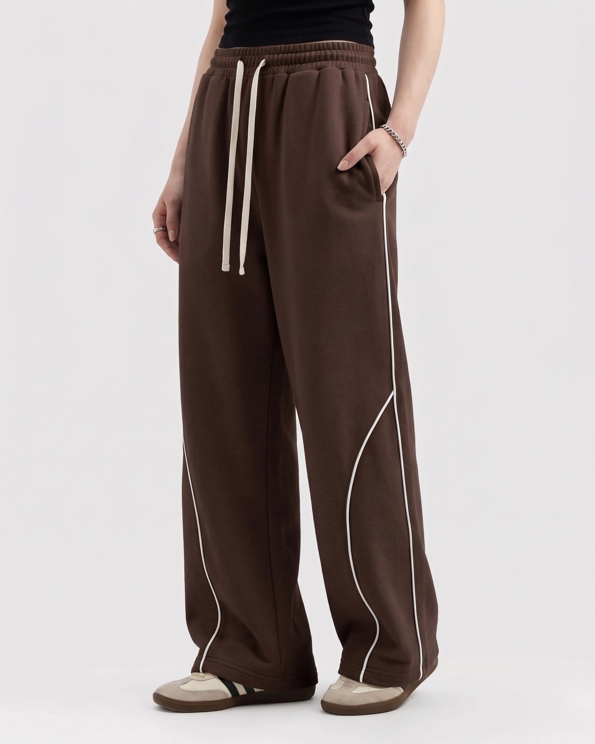 Piping Cotton Fleece Baggy Dark Brown Trouser