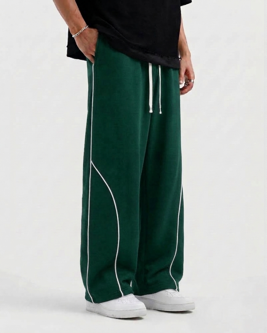Piping Cotton Fleece Baggy Dark Green Trouser