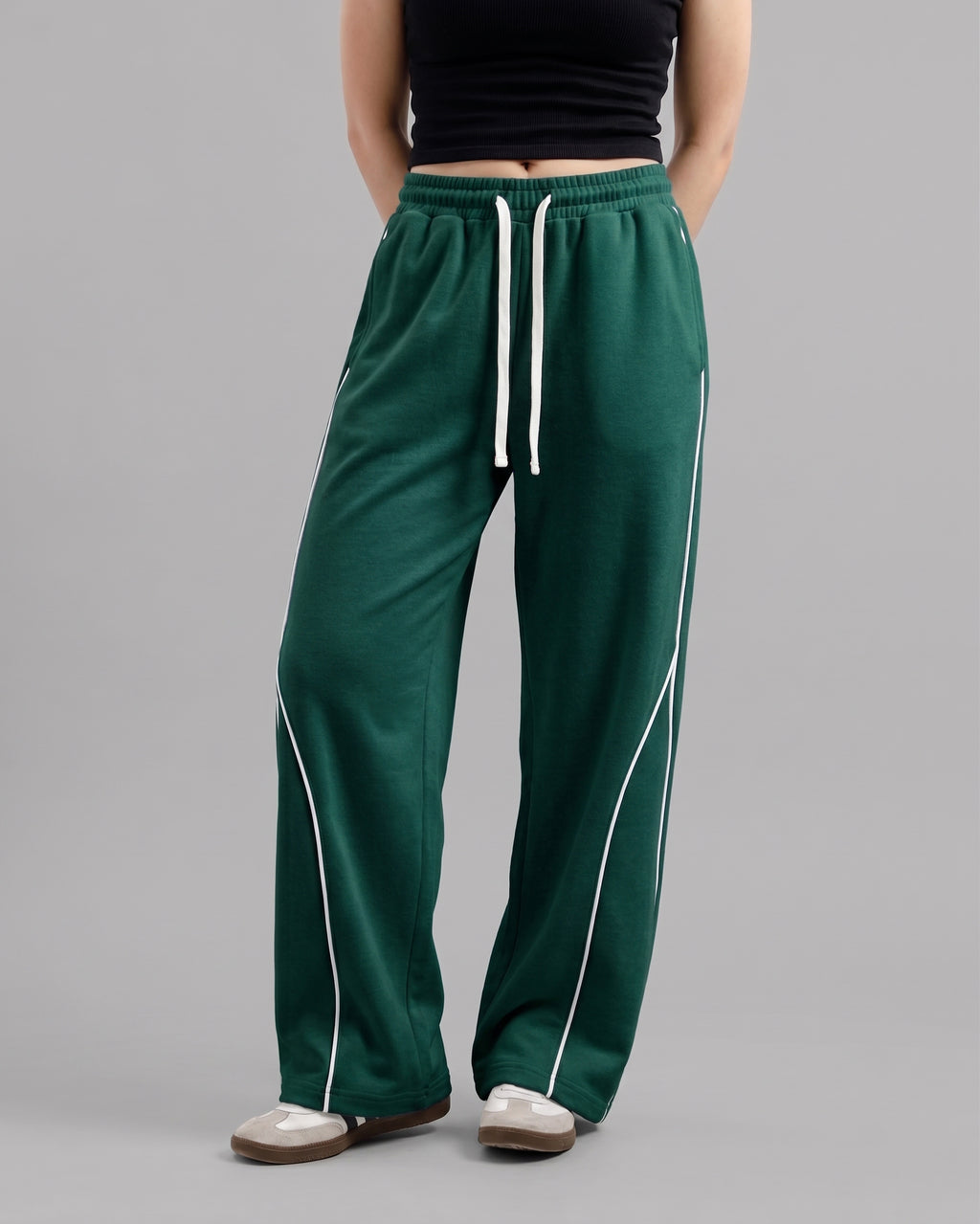 Piping Cotton Fleece Baggy Dark Green Trouser