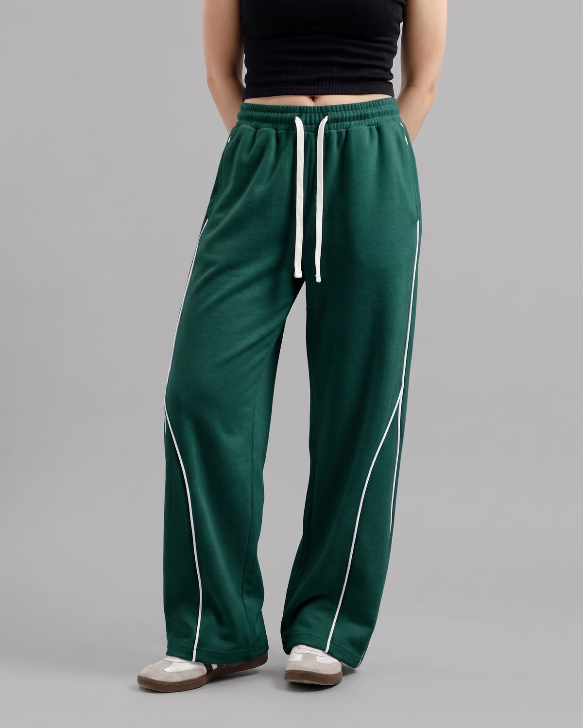 Piping Cotton Fleece Baggy Dark Green Trouser