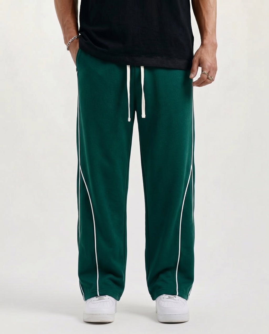 Piping Cotton Fleece Baggy Dark Green Trouser