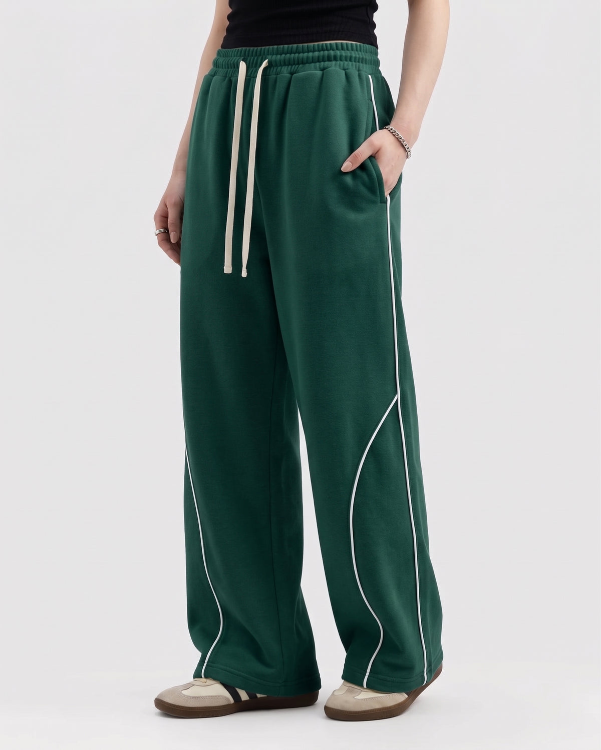 Piping Cotton Fleece Baggy Dark Green Trouser