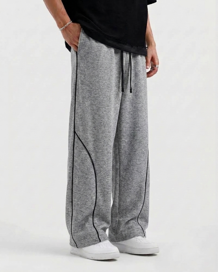 Piping Cotton Fleece Baggy Grey Trouser