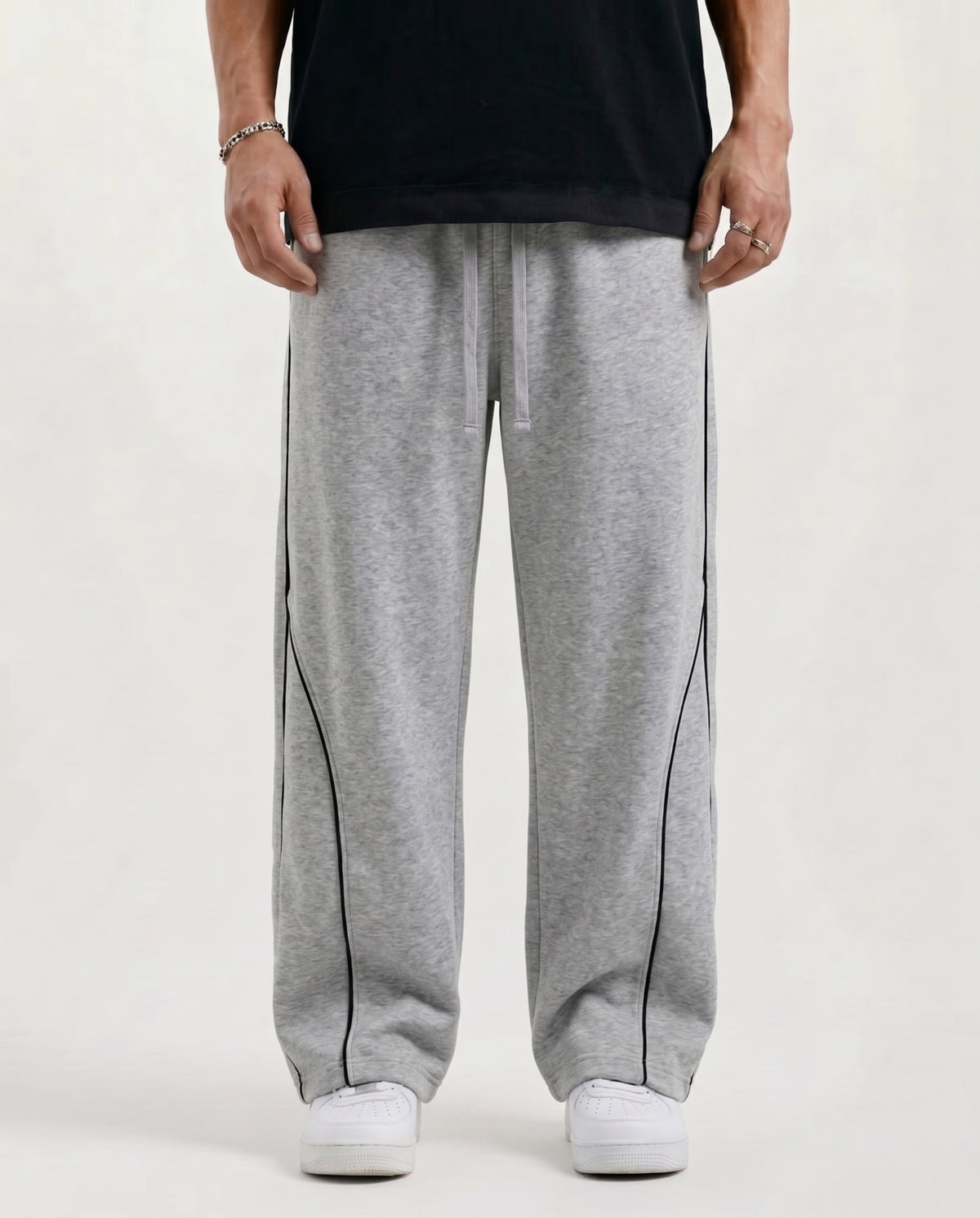 Piping Cotton Fleece Baggy Grey Trouser