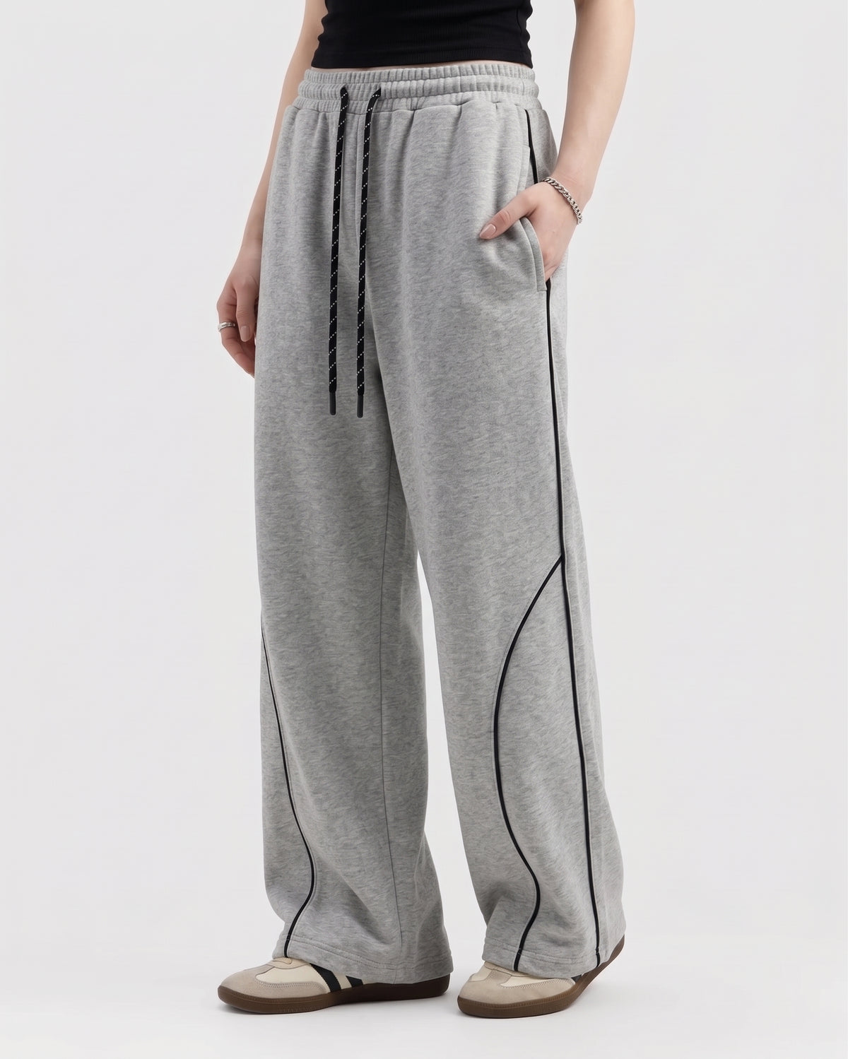 Piping Cotton Fleece Baggy Grey Trouser
