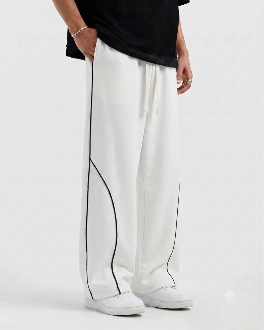 Piping Cotton Fleece Baggy White Trouser
