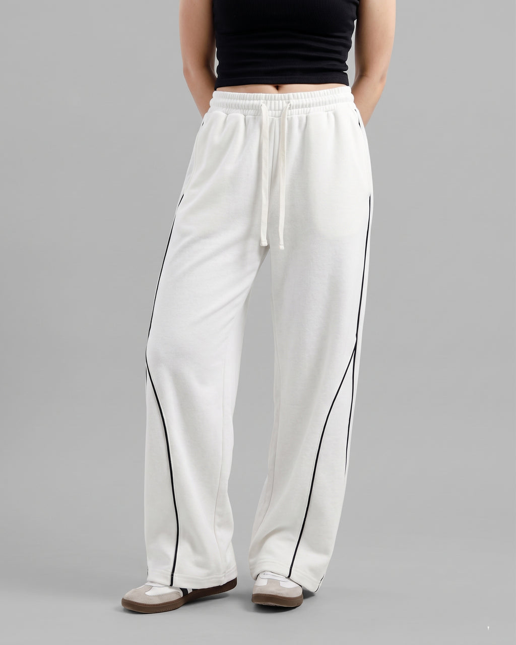 Piping Cotton Fleece Baggy White Trouser