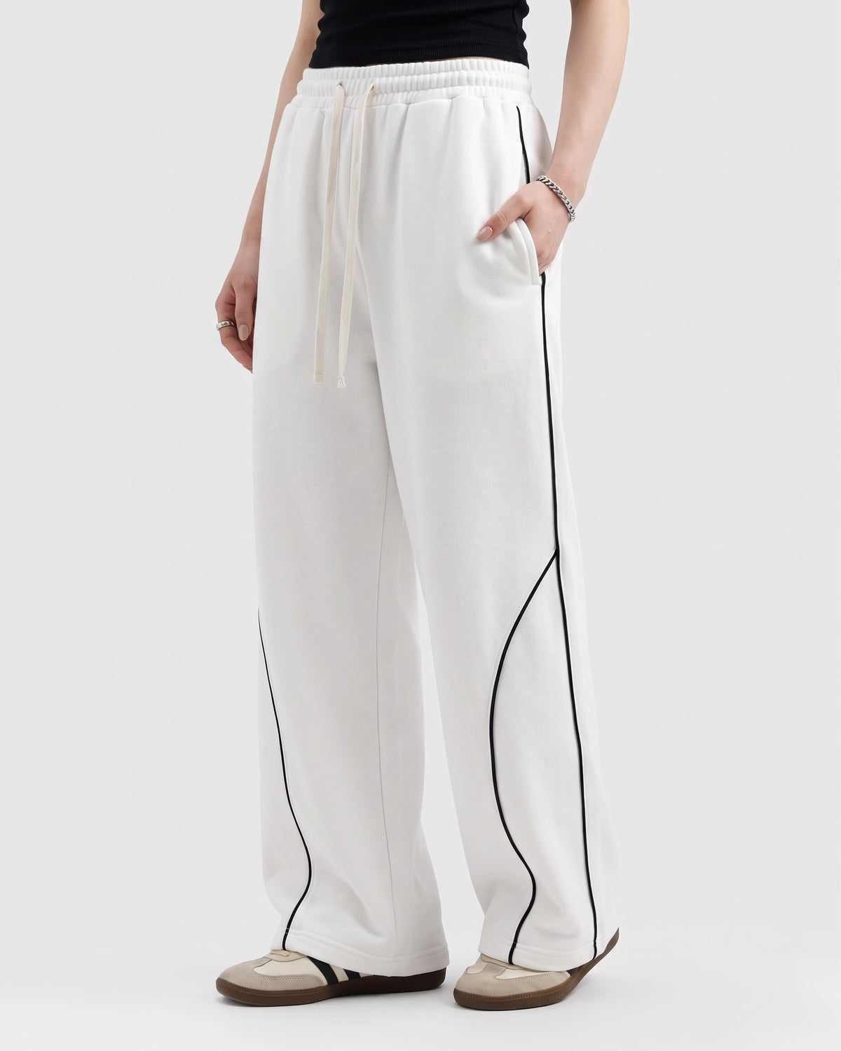 Piping Cotton Fleece Baggy White Trouser