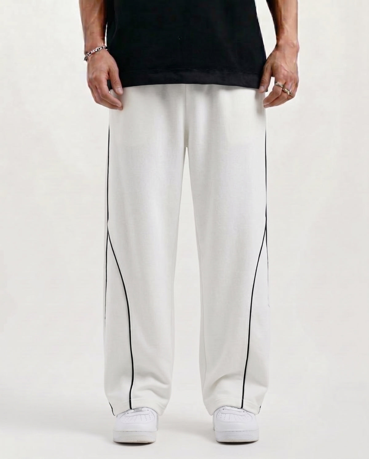Piping Cotton Fleece Baggy White Trouser