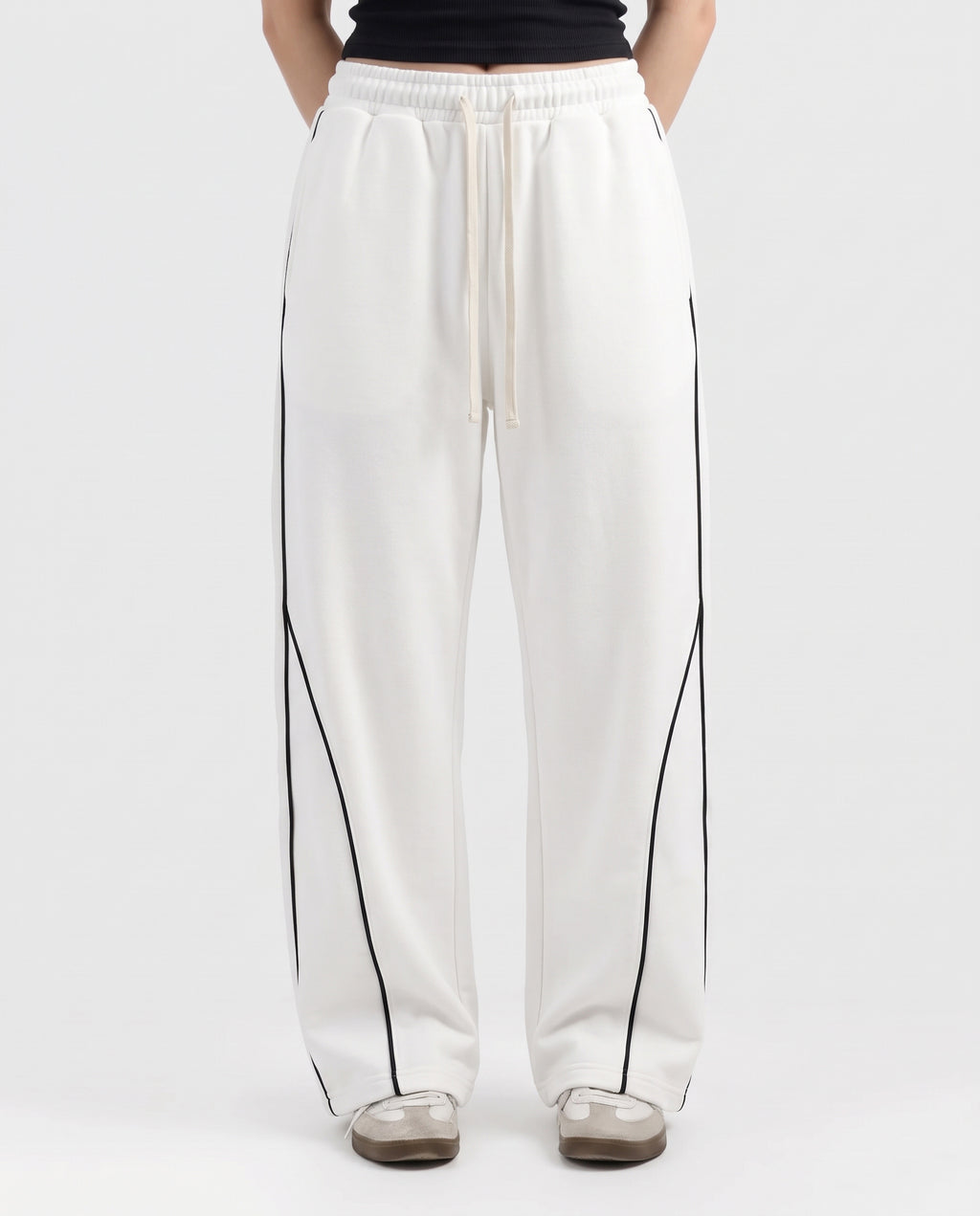 Piping Cotton Fleece Baggy White Trouser