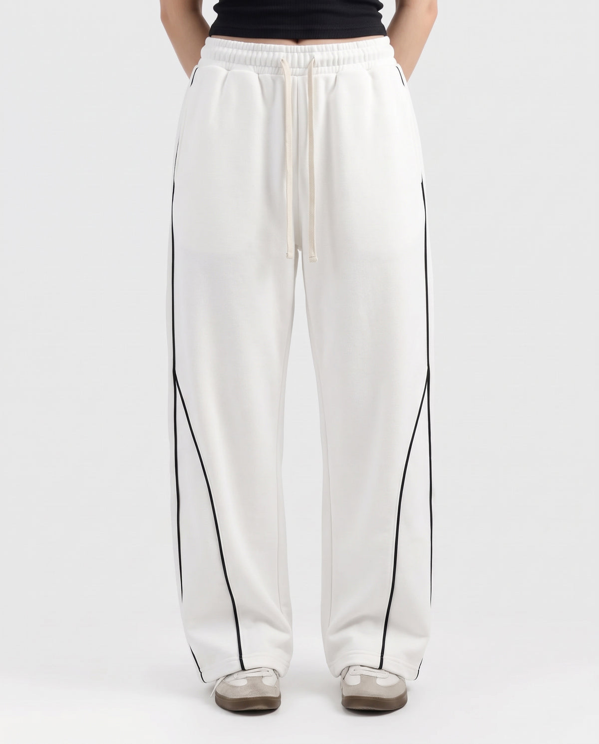 Piping Cotton Fleece Baggy White Trouser